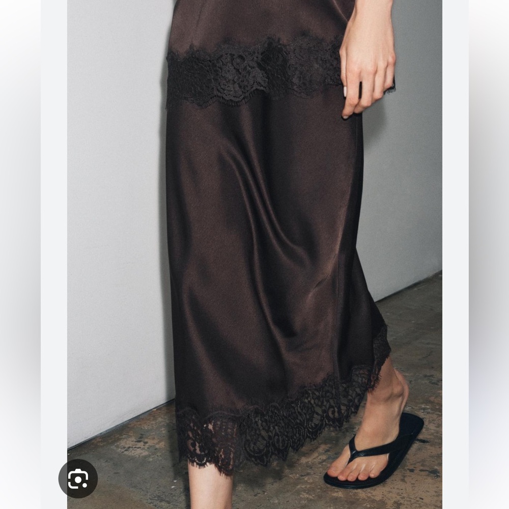Zara NWT satin effect midi skirt with lace trim brown 5919/207